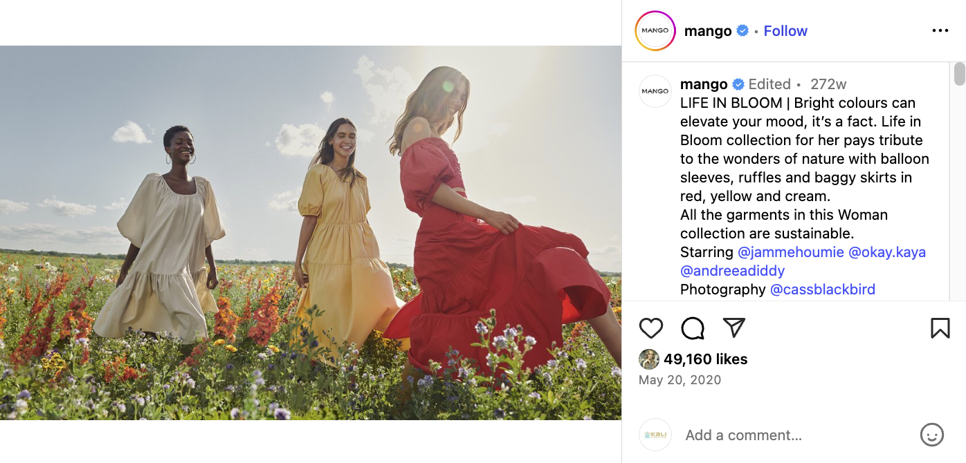 Mango Instagram post showing 49,160 likes from Life in Bloom campaign content